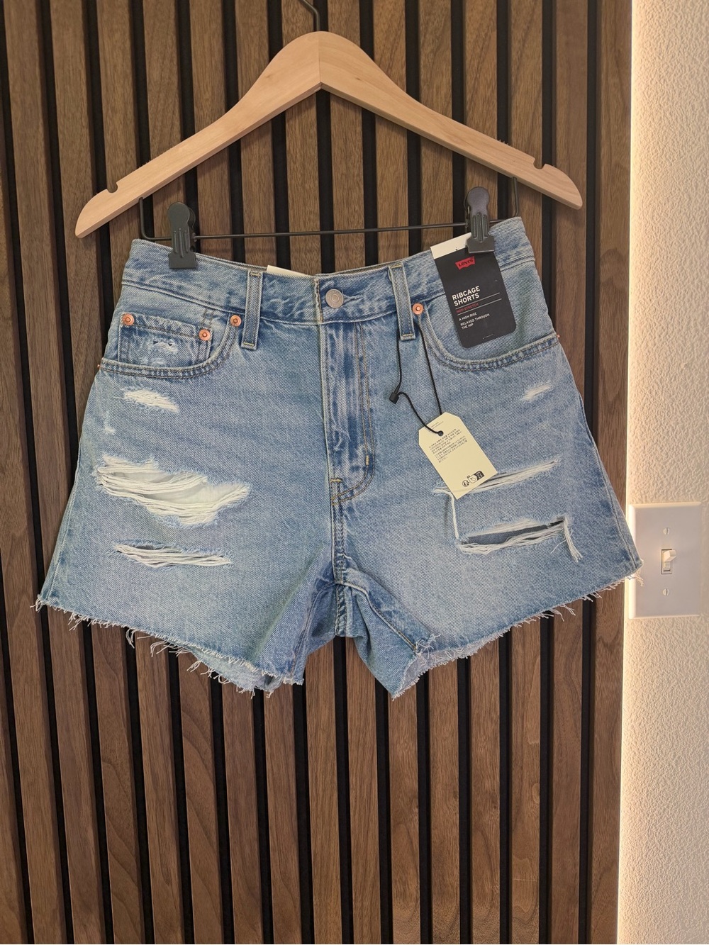 Levi's Ribcage High Waist Distressed Light Blue Denim Shorts